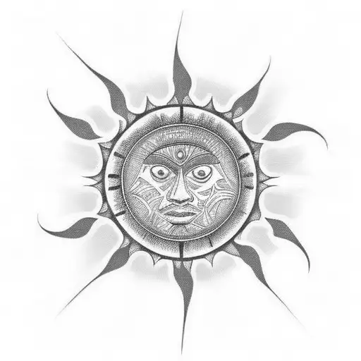 A maori-inspired design of a henna patterned sun on a beach tattoo design idea