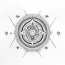 A chakra symbol incorporated into a black and grey mountain landscape tattoo design idea