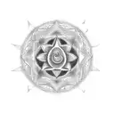 A chakra symbol formed by mountain peaks in a black-grey style tattoo design idea