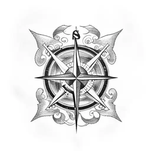 A blackwork tattoo of a compass rose surrounded by waves and a shark, symbolizing your love for the ocean and maritime activities, wrapping around your left leg tattoo design idea