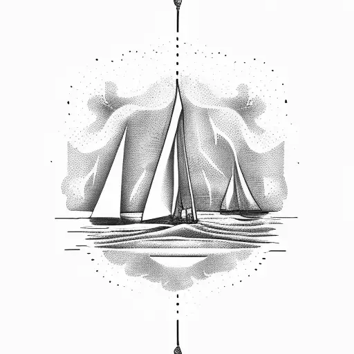 A dotwork design of a sailboat surrounded by naval ropes and waves, set against a backdrop of palm trees, on your shin tattoo design idea