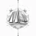 A dotwork design of a sailboat surrounded by naval ropes and waves, set against a backdrop of palm trees, on your shin tattoo design idea