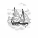 A dotwork design of a sailboat surrounded by naval ropes and waves, set against a backdrop of palm trees, on your shin tattoo design idea