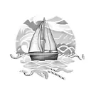 A dotwork design of a sailboat surrounded by naval ropes and waves, set against a backdrop of palm trees, on your shin tattoo design idea