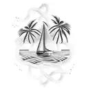 A dotwork design of a sailboat surrounded by naval ropes and waves, set against a backdrop of palm trees, on your shin tattoo design idea