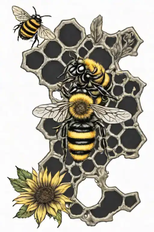 honeycomb dripping honey with bumblebee and sunflowers yellow in bumblebee  tattoo design idea