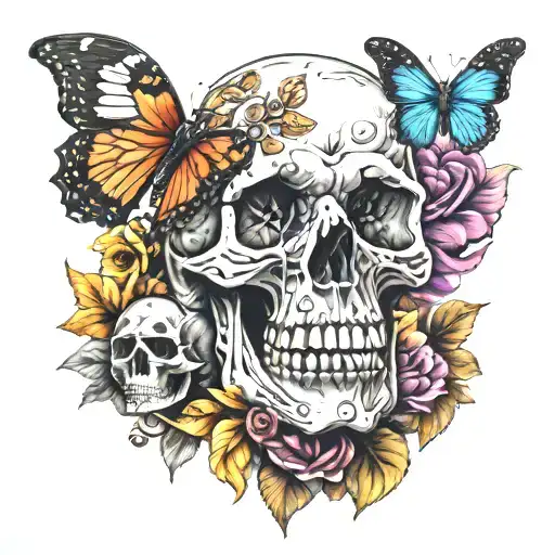 skull with butterfly and bear and monkey tattoo design idea