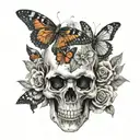 skull with butterfly, bear and monkey tattoo design idea