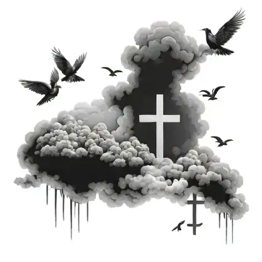 clouds with three crosses horizontally, the middle one being the largest and doves in the clouds  tattoo design idea