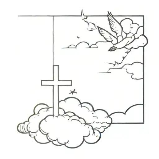 clouds with three crosses horizontally, the middle one being the largest and doves in the clouds  tattoo design idea