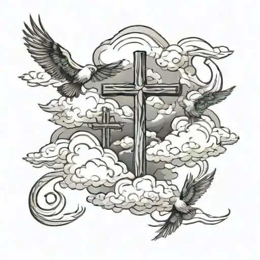 clouds with three crosses horizontally, the middle one being the largest and doves in the clouds  tattoo design idea