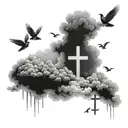 clouds with three crosses horizontally, the middle one being the largest and doves in the clouds  tattoo design idea