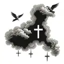clouds with three crosses horizontally, the middle one being the largest and doves in the clouds  tattoo design idea