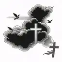 clouds with three crosses horizontally, the middle one being the largest and doves in the clouds  tattoo design idea