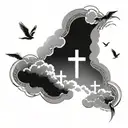 clouds with three crosses horizontally, the middle one being the largest and doves in the clouds  tattoo design idea