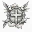 clouds with three crosses horizontally, the middle one being the largest and doves in the clouds  tattoo design idea