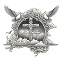 clouds with three crosses horizontally, the middle one being the largest and doves in the clouds  tattoo design idea