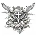 clouds with three crosses horizontally, the middle one being the largest and doves in the clouds  tattoo design idea
