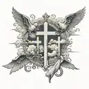 clouds with three crosses horizontally, the middle one being the largest and doves in the clouds  tattoo design idea