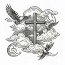 clouds with three crosses horizontally, the middle one being the largest and doves in the clouds  tattoo design idea