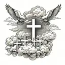 clouds with three crosses horizontally, the middle one being the largest and doves in the clouds  tattoo design idea