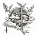 clouds with three crosses horizontally, the middle one being the largest and doves in the clouds  tattoo design idea