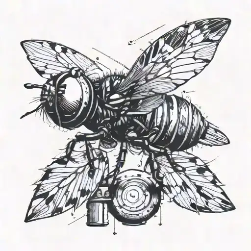 Draw a black and white tattoo of a geometric fly sitting on the barrel of a gun in place of the gun’s sight. The focus s tattoo design idea