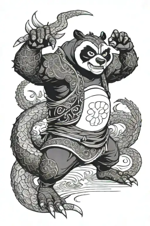 Kung Fu Panda Po with a evil Touch and Dragon behind him tattoo design idea