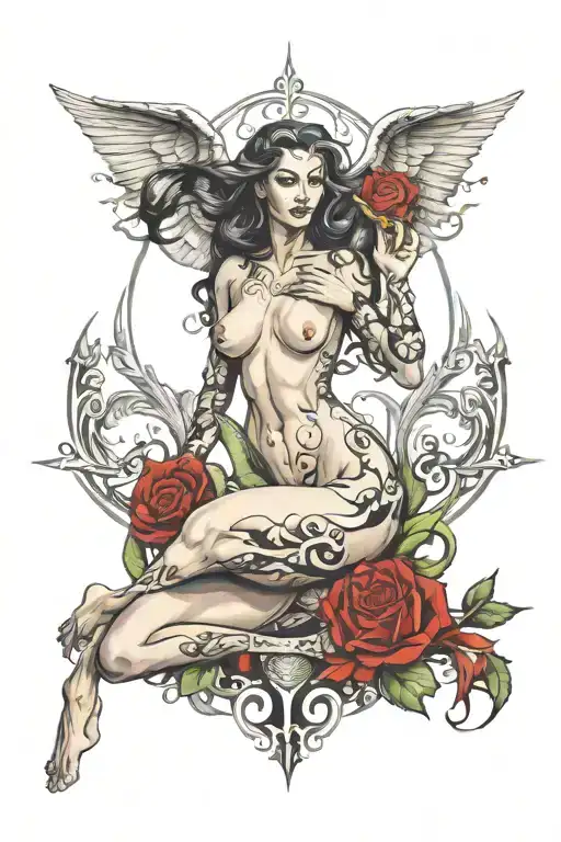 sexy nude good vs evil women full body tattoo design idea