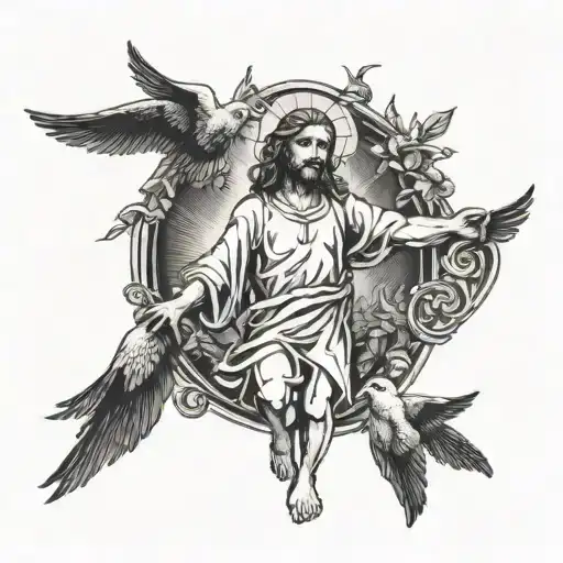 Jesus Christ with cupids flying around/playing with doves in the background tattoo design idea