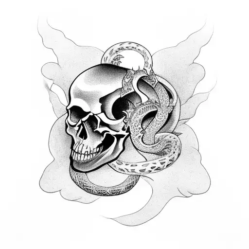 floral sleeve with one light snake and one dark snake, the magician tarot card, the fool tarot card, and a skull tattoo design idea