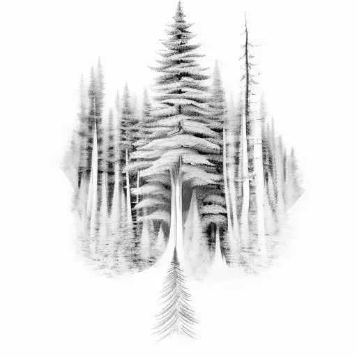 A serene forest scene with spiritual symbols hidden within tattoo design idea