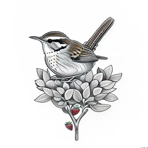 small wren on a strawberry plant  tattoo design idea