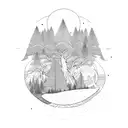 Pleine lune, aurores boréales, forêt de sapins, cascade, rivière tattoo design idea