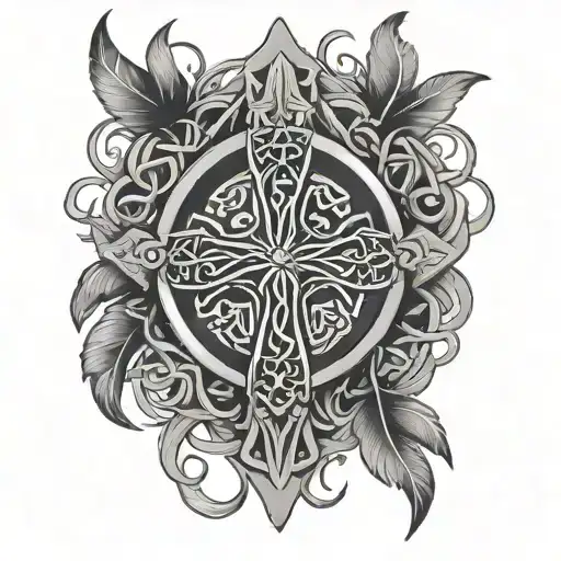 Celtic cross Indian shield vines feathers  tattoo design idea