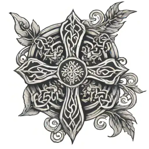 Celtic cross Indian shield vines hanging tattoo design idea