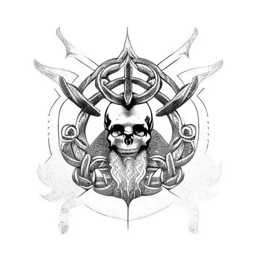 Create Viking-style Yggdrasil tattoo for left upper arm: 2 skulls facing away at bottom, tribal roots to tree, grayscale tattoo design idea