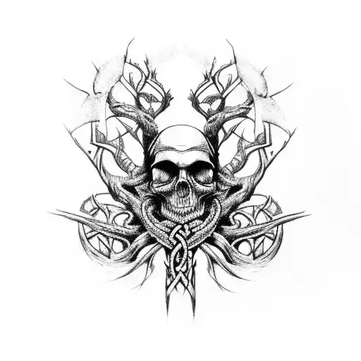 Create Viking-style Yggdrasil tattoo for left upper arm: 2 skulls facing away at bottom, tribal roots to tree, grayscale tattoo design idea