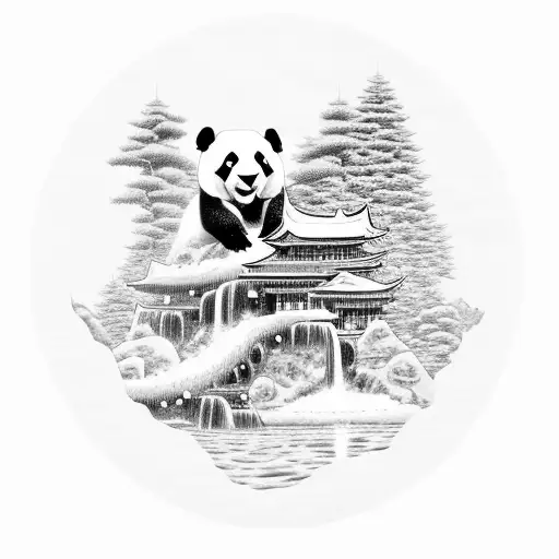 Japanese templet on cliftop with waterfall and panda's  at the bottom tattoo design idea