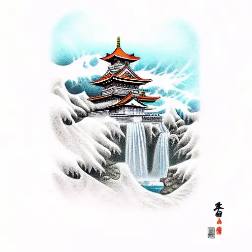 Japanese templet with waterfall, panda's  tattoo design idea