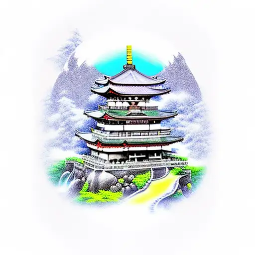 Japanese templet on cliftop with waterfall and panda's  at the bottom tattoo design idea