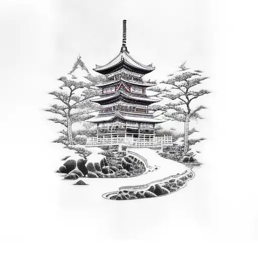 Japanese templet with waterfall, panda's in a village tattoo design idea