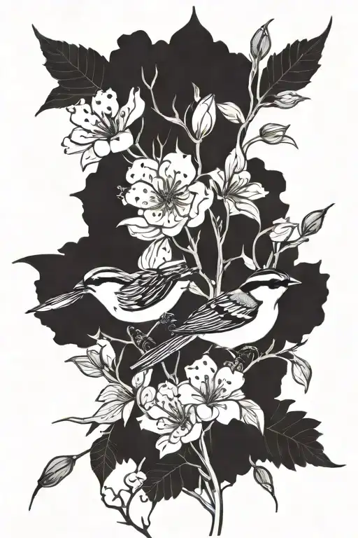 sparrows around  flowers and trees  tattoo design idea