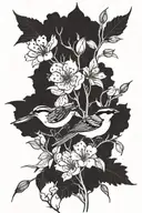 sparrows around  flowers and trees  tattoo design idea