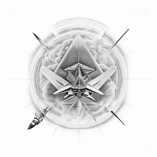 A surreal composition of a f14 jet flying through a psychedelic Pink Floyd dark side of the moon album cover tattoo design idea