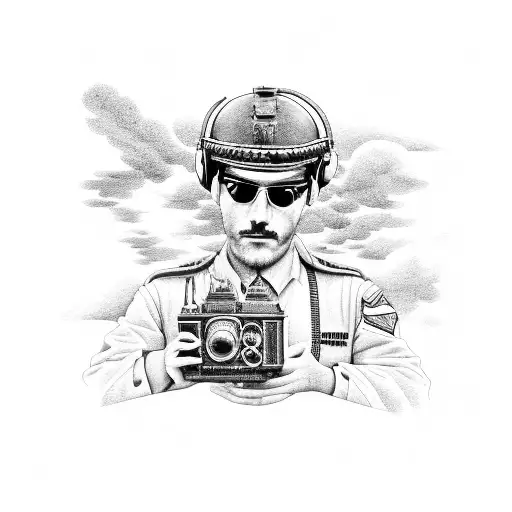 A detailed black and grey portrait of a pilot holding a vintage camera with fighter jets flying in the background tattoo design idea