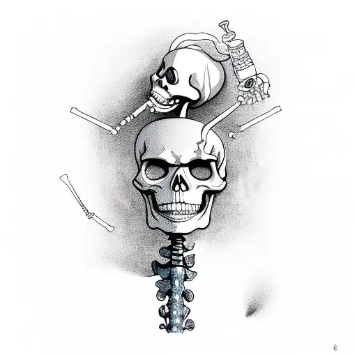 A trippy skeleton with dilated pupils, a joint and a drink in his hand tattoo design idea