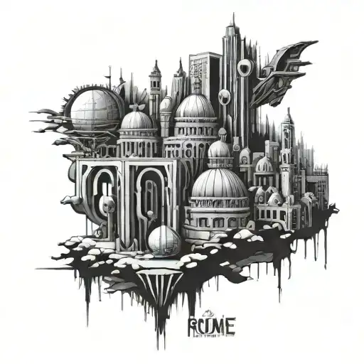 A futuristic cityscape blending elements of Rome, California, and Moscow, symbolizing the engineer's love for architecture and innovation tattoo design idea