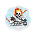 A flaming skull surrounded by beautiful women riding motorcycles tattoo design idea