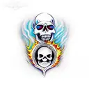 A flaming skull surrounded by beautiful women riding motorcycles tattoo design idea